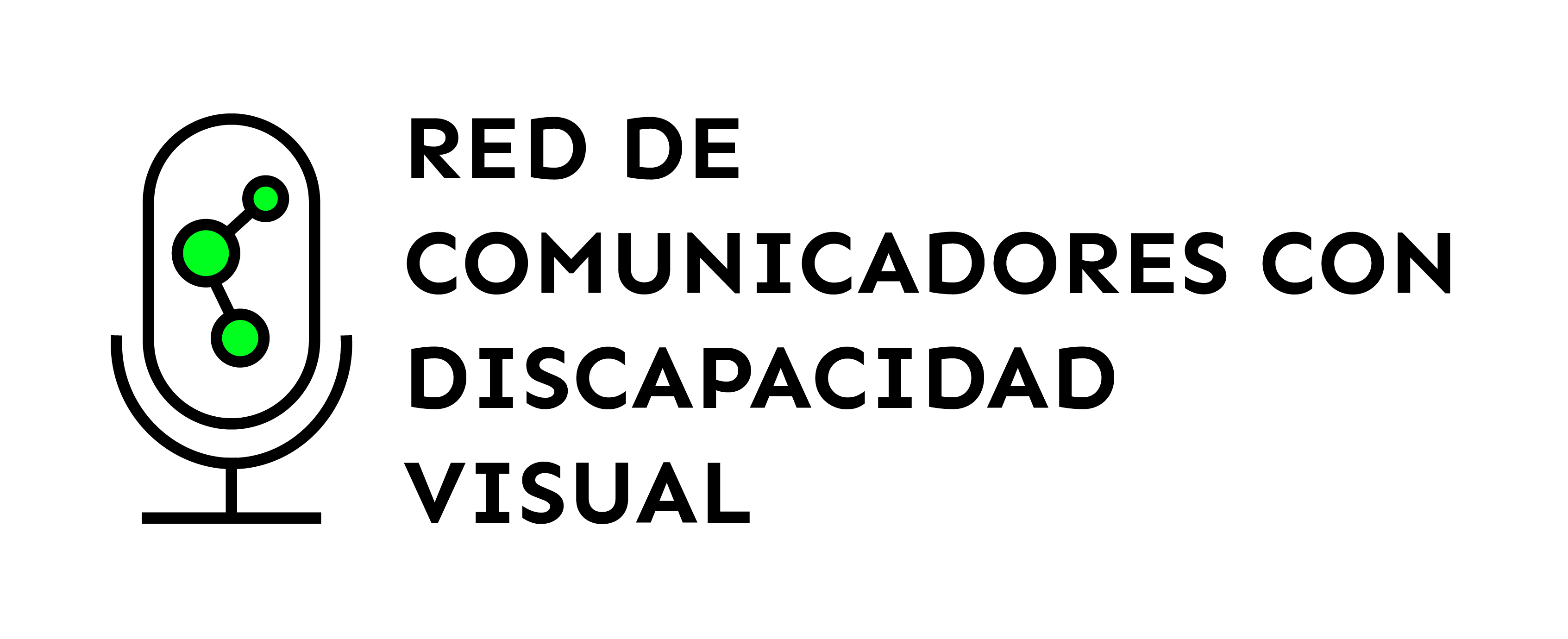 Logo que contiene la Silueta de un micrófono de radio y dentro de él un símbolo que representa una red, formado por círculos verdes conectados con líneas junto a la palabra Red de Comunicadores con Discapacidad Visual